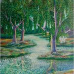 Painting of a river flowing into a lake with trees.