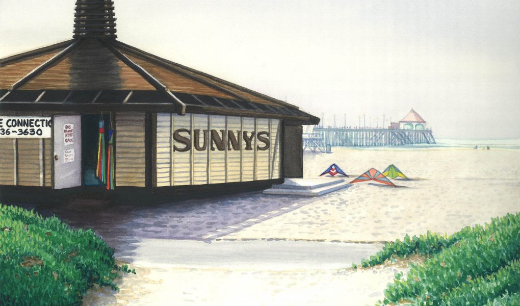 Last Season of Sunnys - Painting of the concession stand that once stood on the north side of the HB pier. Pier in distance and kites parked in the sand.