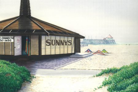 Last Season of Sunnys - Painting of the concession stand that once stood on the north side of the HB pier. Pier in distance and kites parked in the sand.